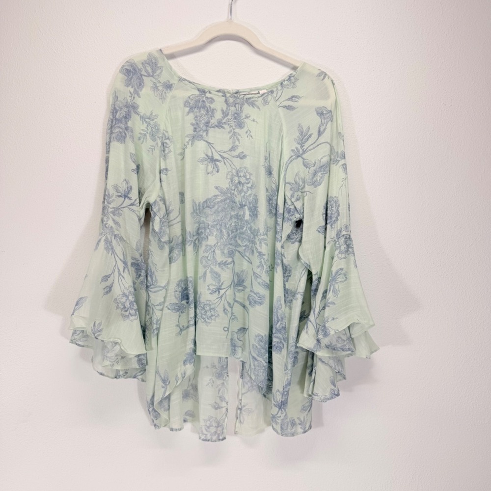 LC Lauren Conrad Womens 2XL Floral Split Open Back Bell Sleeve Green Blue Blouse